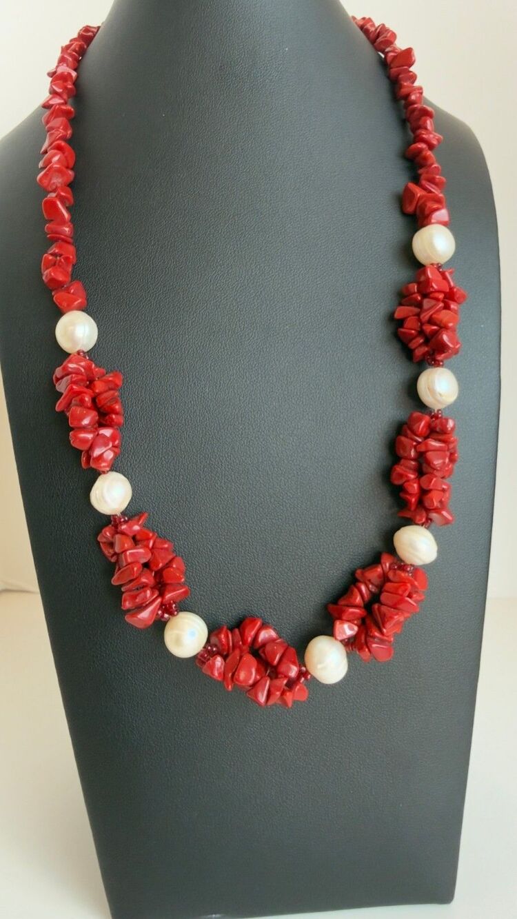 Baroque Freshwater Pearl Red Natural Stone Beaded Necklace Toggle Clasp